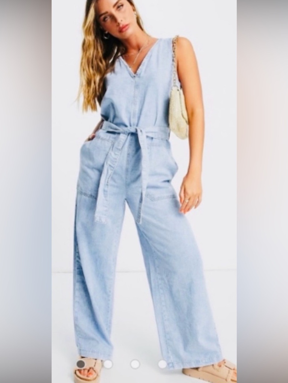 Mango Light Wash Denim Jumpsuit - Women's V-Neck Tie Waist Size L